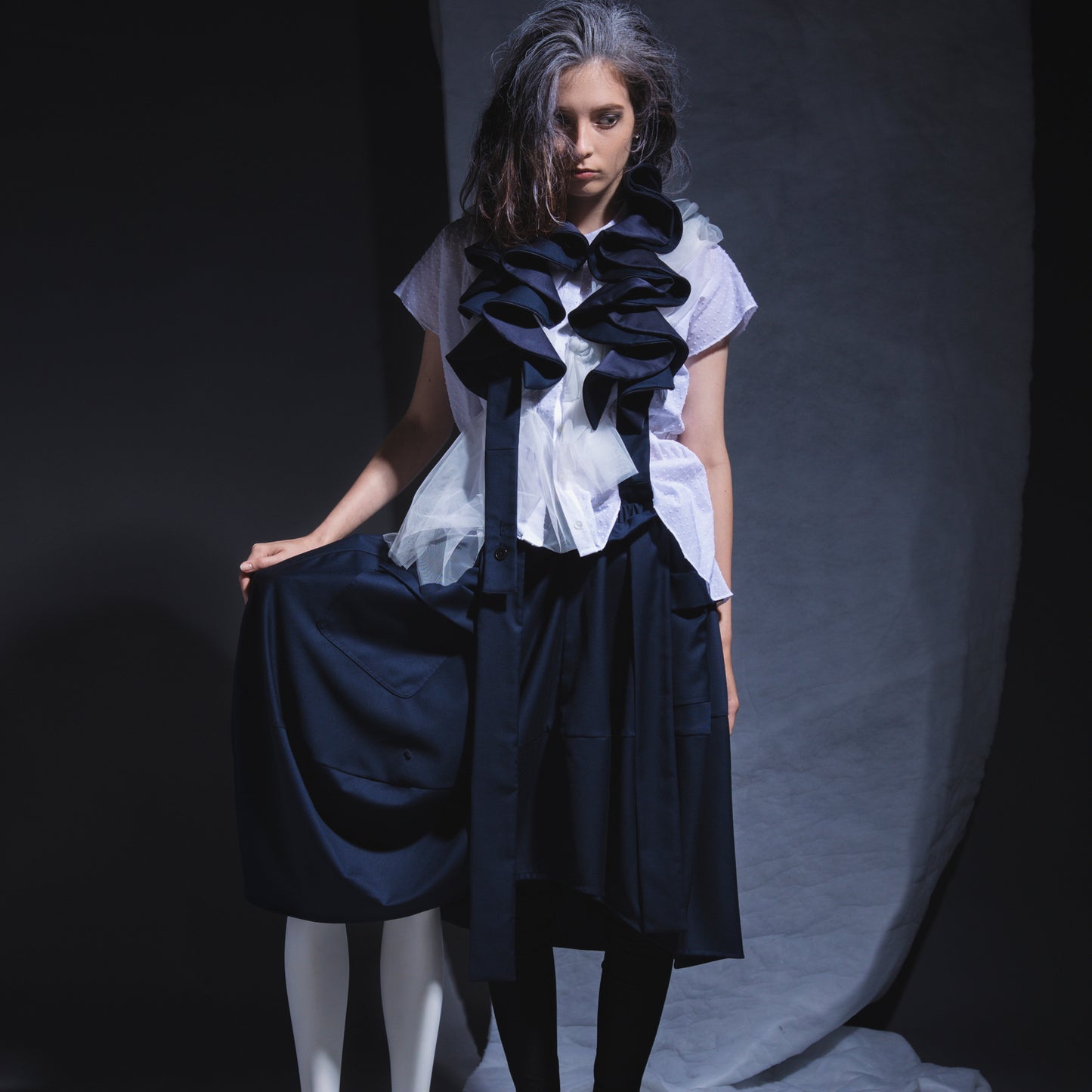 Skirts - Drop Cocoon with circular Ruffle Suspender - phenotypsetter, fashion designer label, unisex, women, accessories