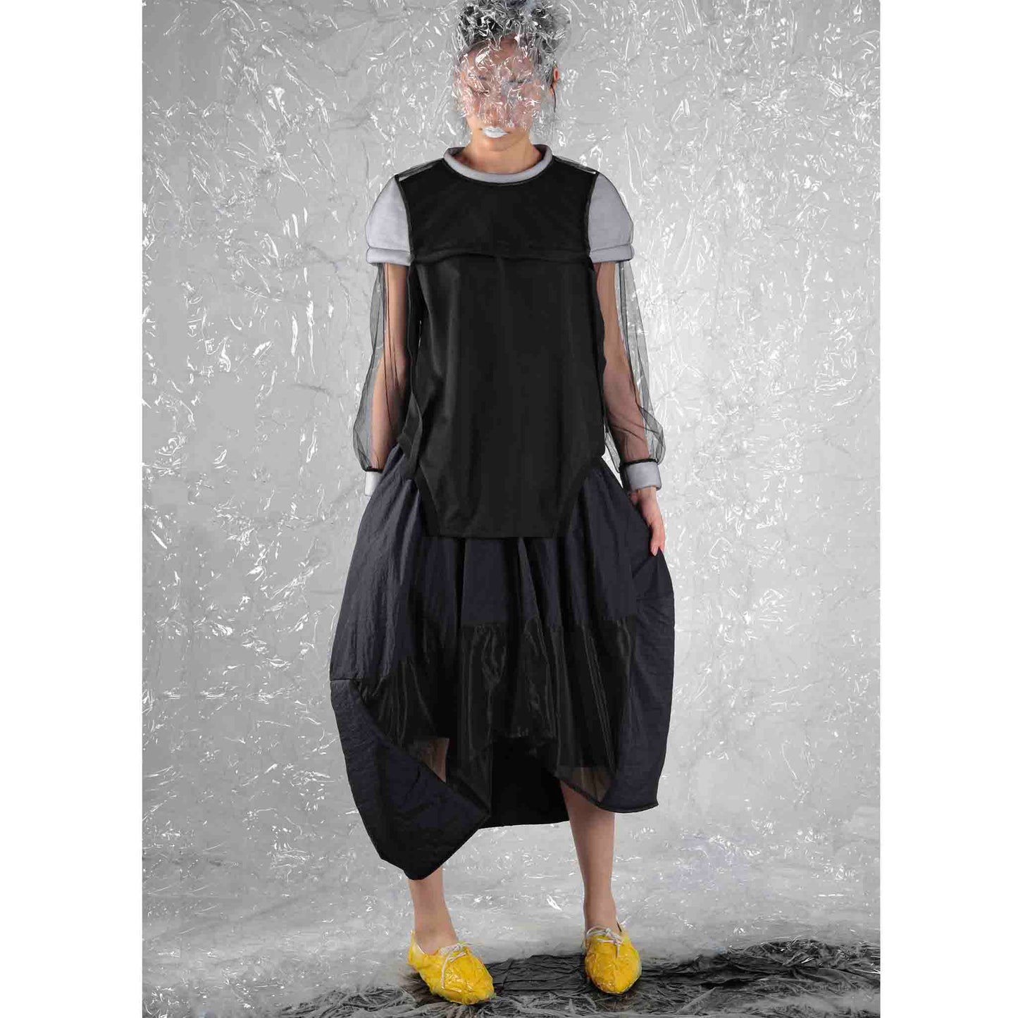 Mesh-sleeved Top with Padded Cape - phenotypsetter, fashion designer label, unisex, women, accessories