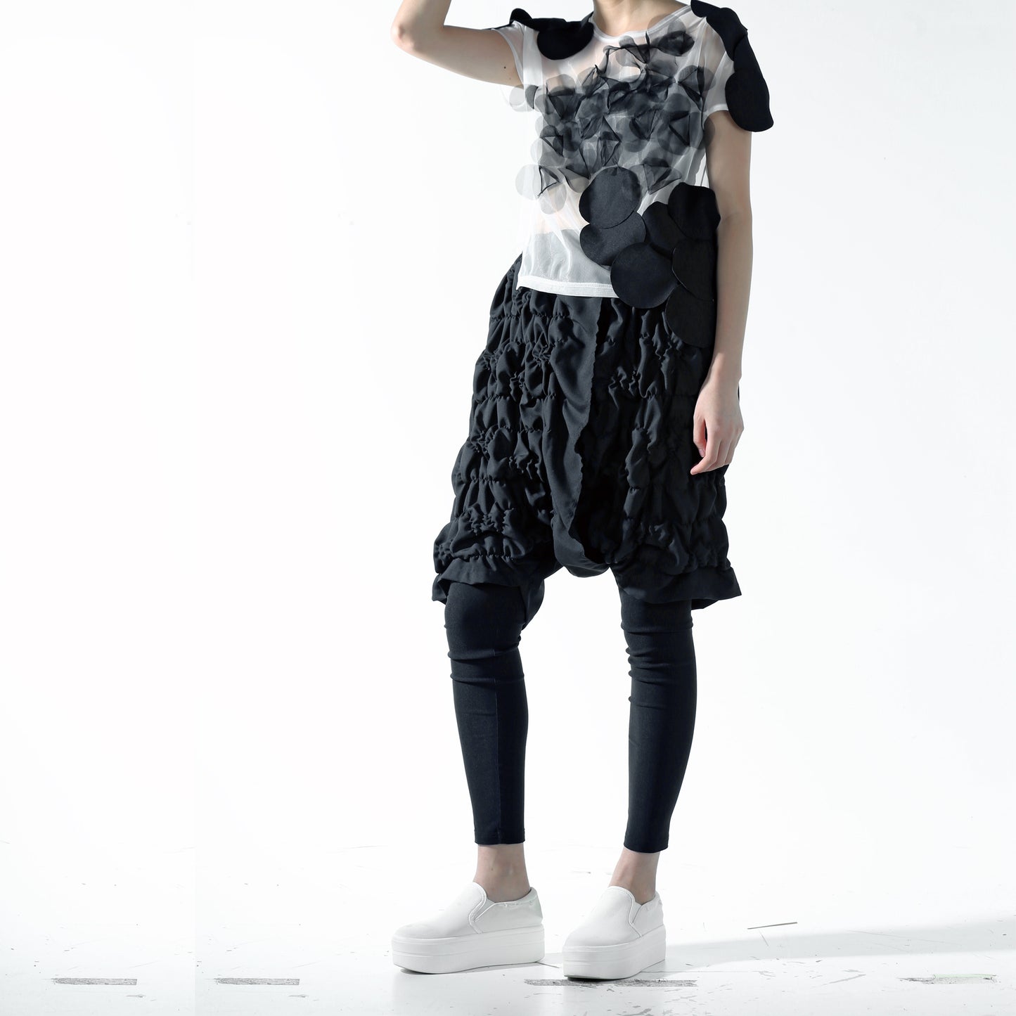 Top - Black Circle Applique Overlapped on Mesh - phenotypsetter, fashion designer label, unisex, women, accessories