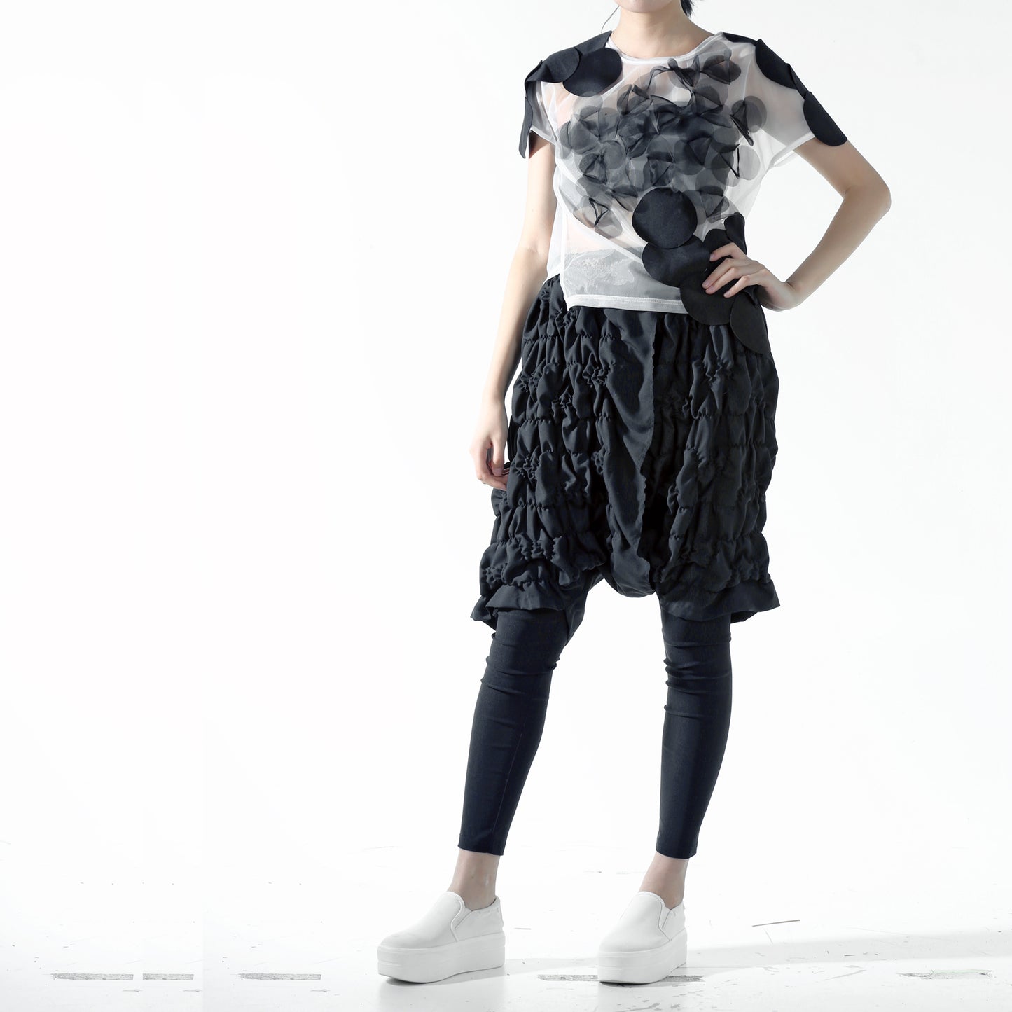 Top - Black Circle Applique Overlapped on Mesh - phenotypsetter, fashion designer label, unisex, women, accessories