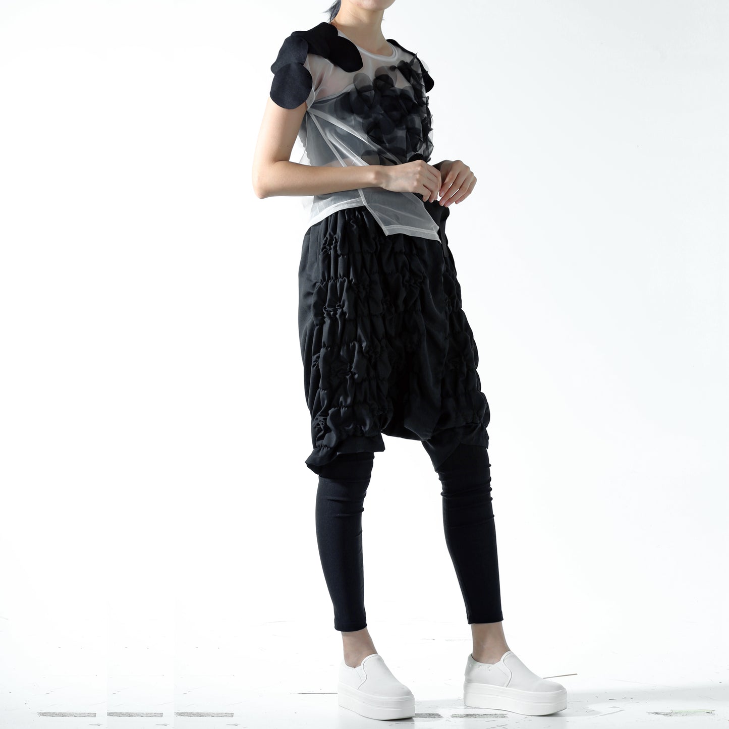 Top - Black Circle Applique Overlapped on Mesh - phenotypsetter, fashion designer label, unisex, women, accessories
